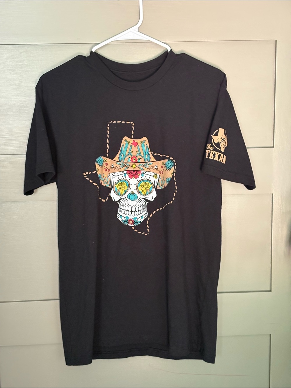 Black Short-Sleeve Graphic Tee with Colorful Sugar Skull Cowboy
